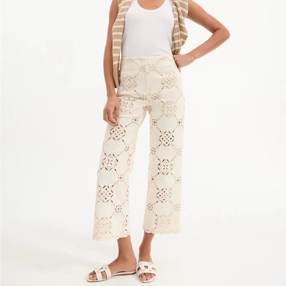 NWT Veronica Beard Dova Eyelet Wide Leg Pant in Ecru - Picture 1 of 12